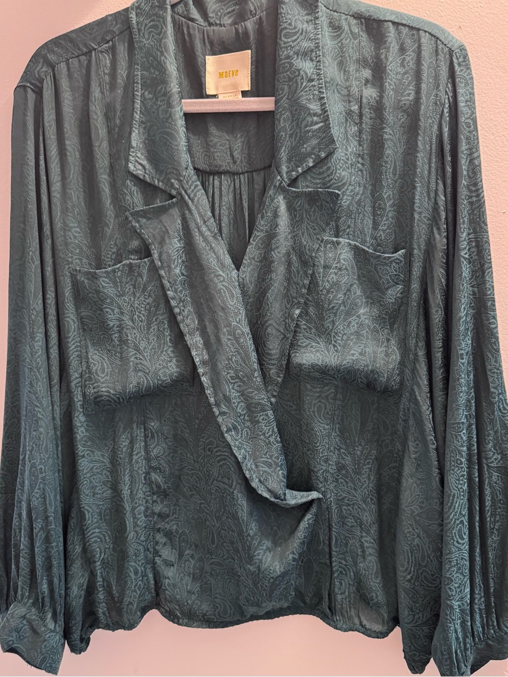 Anthropologie Maeve Dark Green Faux Wrap Blouse XL
